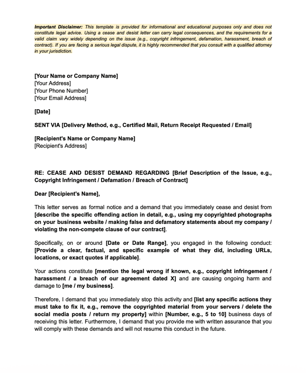 Cease and Desist Letter Template
