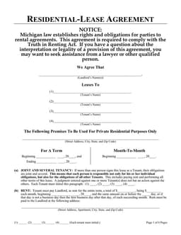 Michigan Residential Lease Agreement - Truth in Renting Act form preview