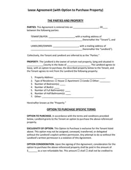 Lease Agreement with Purchase Option - Property Contract between Tenant and Landlord (short numerical title not available in description) form preview