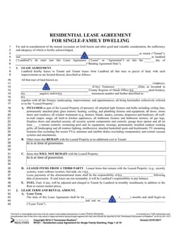 Tennessee RF421 Residential Lease Agreement for Single Family Dwelling form preview