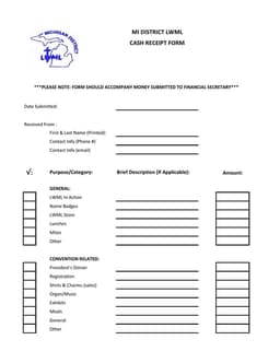 Michigan District LWML Cash Receipt for Financial Transactions form preview