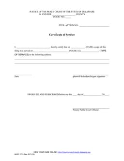 Delaware Certificate of Service - JP Court form preview