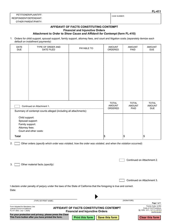 California Judicial Council FL-411 Affidavit of Facts Constituting Contempt Overview