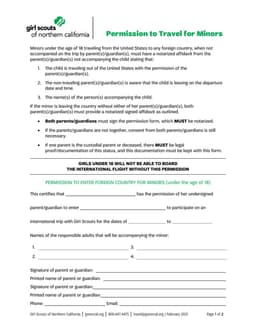 California Minor Travel Permission - Notarized Approval from Girl Scouts of Northern California form preview