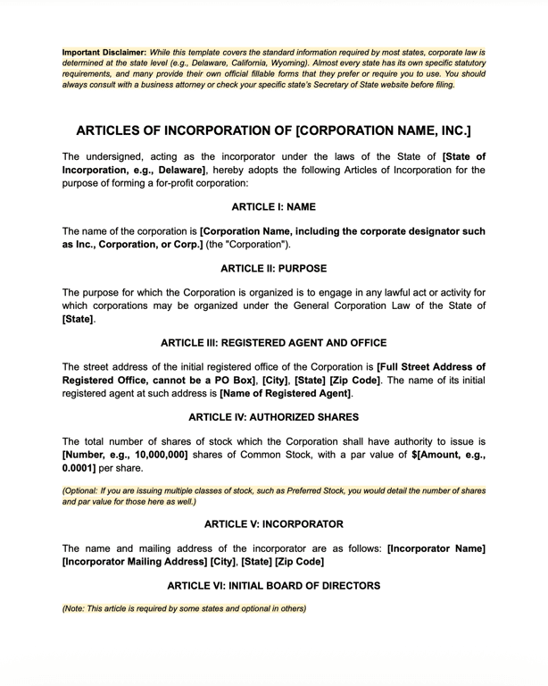 Articles of Incorporation Template