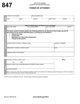 Alaska Vehicle Power of Attorney and Notary Acknowledgment Details form preview
