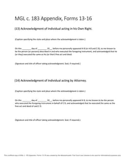 Massachusetts Deed Acknowledgment Forms 13-16 under General Laws Chapter 183 Appendix form preview
