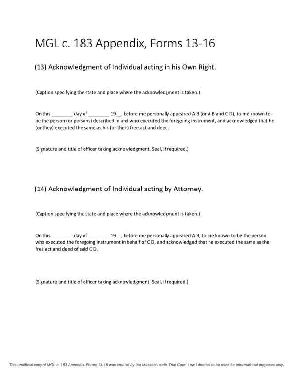 Massachusetts Deed Acknowledgment Forms 13-16 under General Laws Chapter 183 Appendix