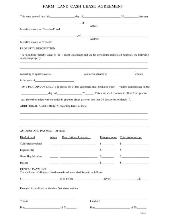 Get the most current Farm Land Cash Lease Agreement for Agricultural Operations form now