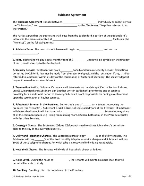 Get the most current UC San Diego Student Legal Services Sublease Agreement - California Premises Lease Rules and Terms form now