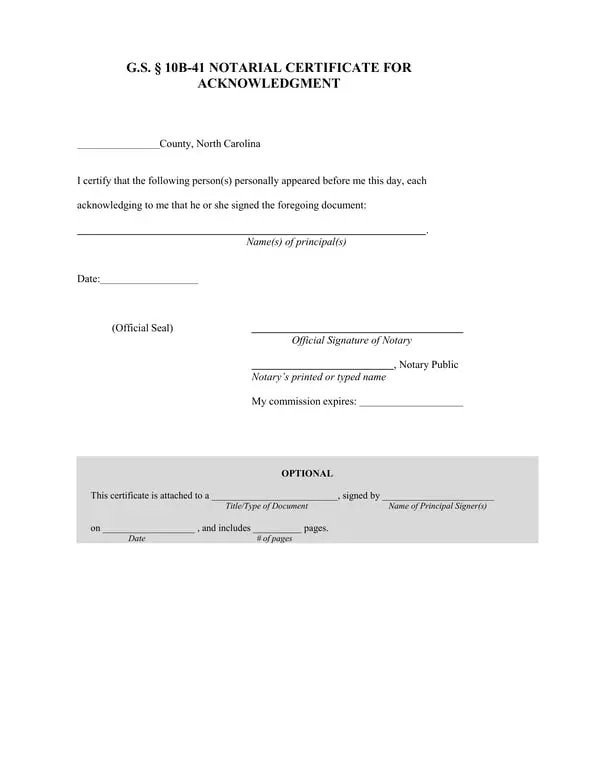 North Carolina Child Travel Consent G.S. § 10B-41 Notarial Certificate for Acknowledgment