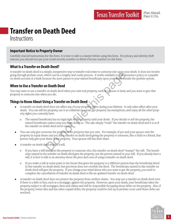 Texas Toolkit - Transfer on Death Deed for Simplified Real Estate Transfer