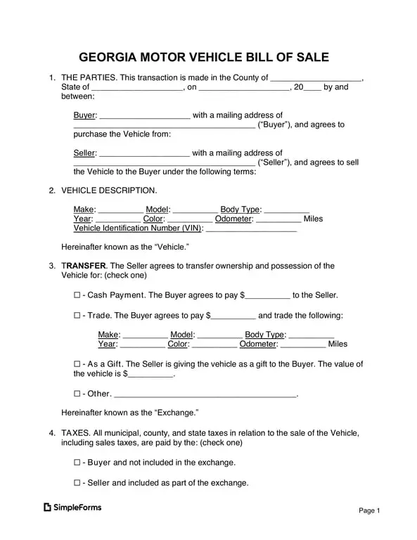 Georgia Vehicle Ownership Transfer Record