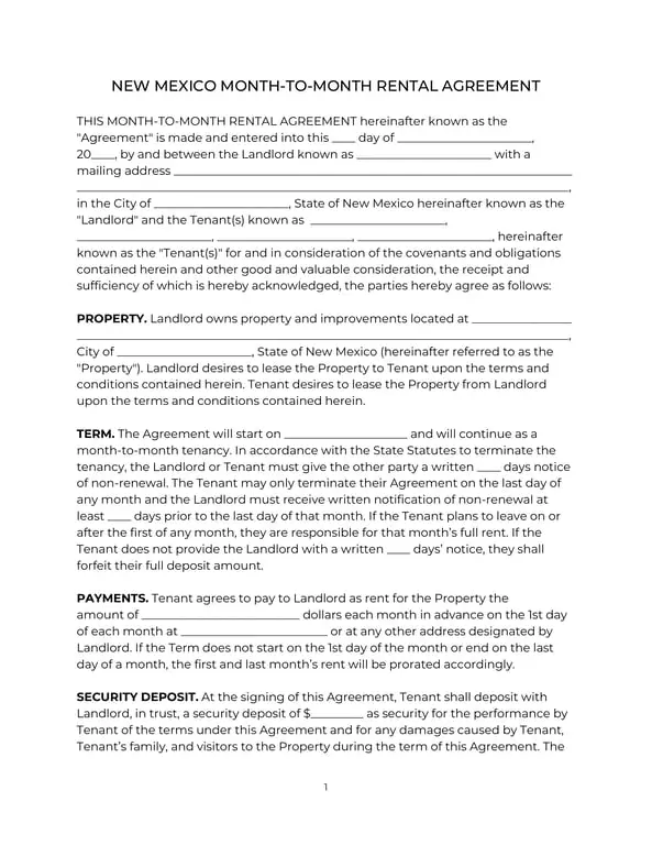 New Mexico Monthly Rental Agreement Terms and Conditions