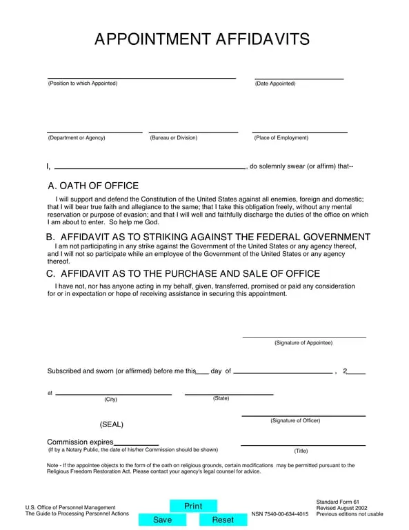 Appointment Affidavits - Pledges and Affirmations for Appointees to Government Position