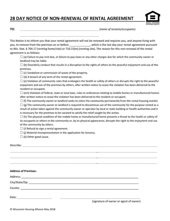 Wisconsin 28 Day Non-Renewal of Rental Agreement Notice
