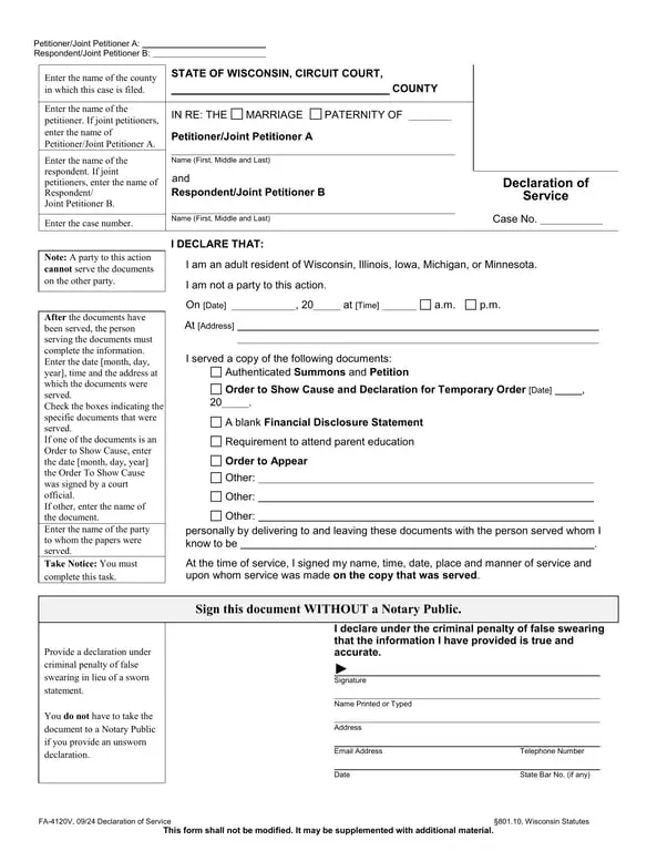 Wisconsin FA-4120V Affidavit - Declaration of Service for Marriage or Paternity Disputes