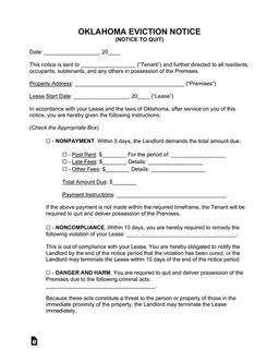 Oklahoma Notice to Quit for Potential Evictions and Fee Breakdown form preview