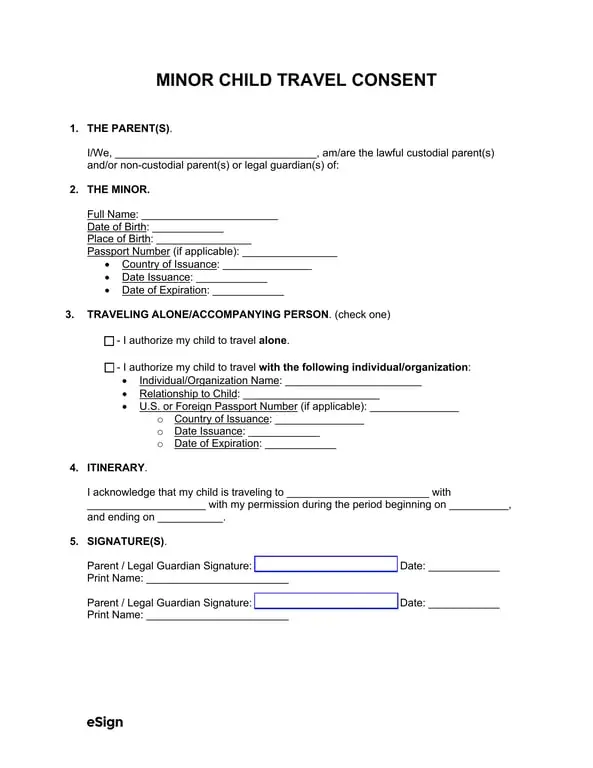 Minor Child Travel Consent Declaration - Domestic Travel Authorization for Minors