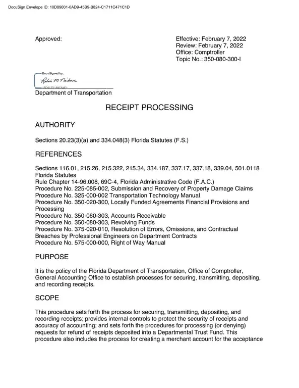 Florida Cash Receipt - DOT Protocol for Handling Property Damage Claims and Financial Agreements under Florida Statutes 20.23(3)(a) and 334.048(3)