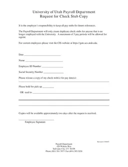 Utah University Duplicate Check Stub Request form preview