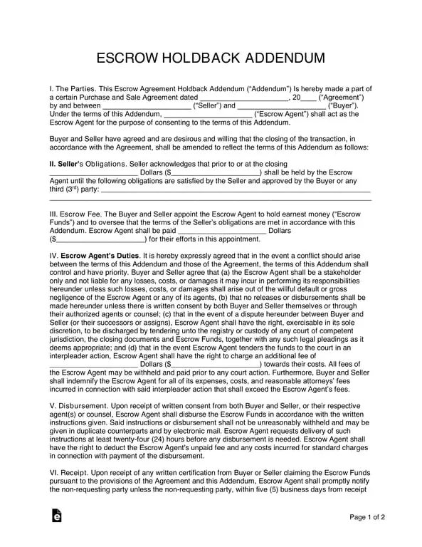 Escrow Holdback Addendum - Ensuring Obligations Fulfillment in Purchase and Sale Agreements
