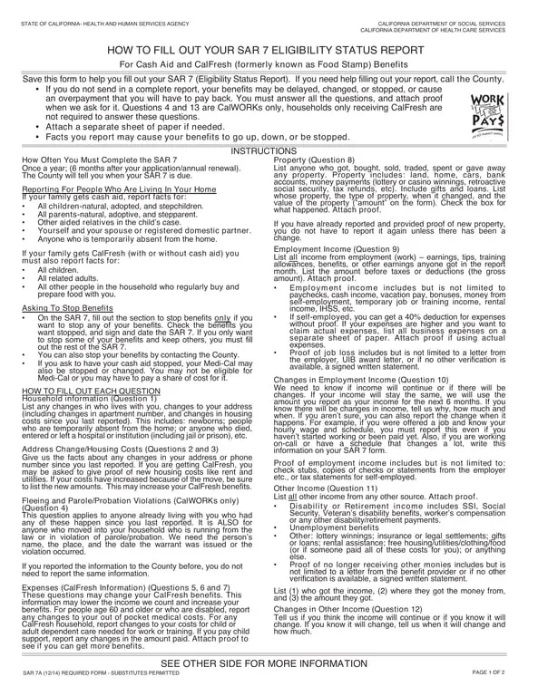 California Health and Human Services SAR 7A Cash Aid and CalFresh Eligibility Report