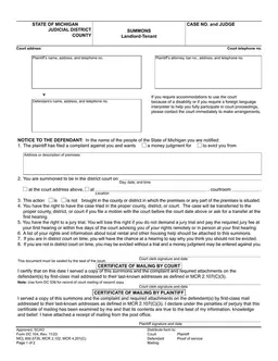 Michigan Judicial District Landlord-Tenant Summons DC 104 form preview