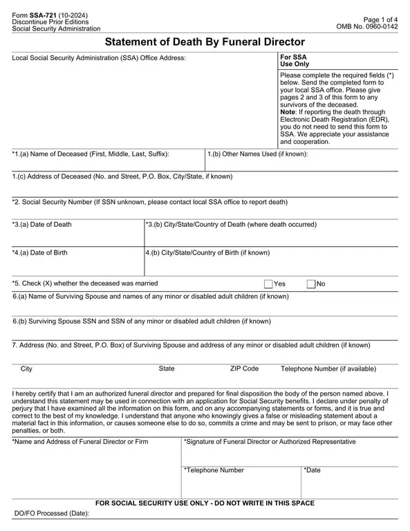 SSA-721 Statement of Death Submission - Social Security Administration