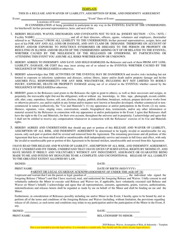 2020 Event Liability Waiver and Risk Assumption Template