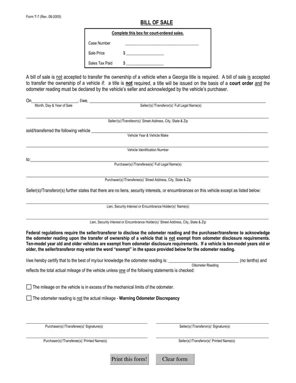 Georgia Vehicle Sale Documentation T-7 Revision 08-2005