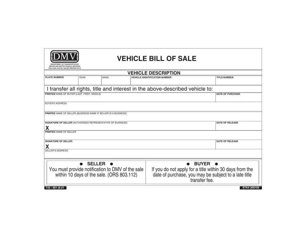 Oregon DMV Vehicle Sale Notification and Title Transfer Notice